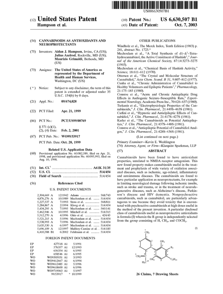 U.S. Patent 6,630,507 — Cannabinoids as Antioxidants and Neuroprotectants, issued to the U.S. Department of Health and Human Services, October 7, 2003