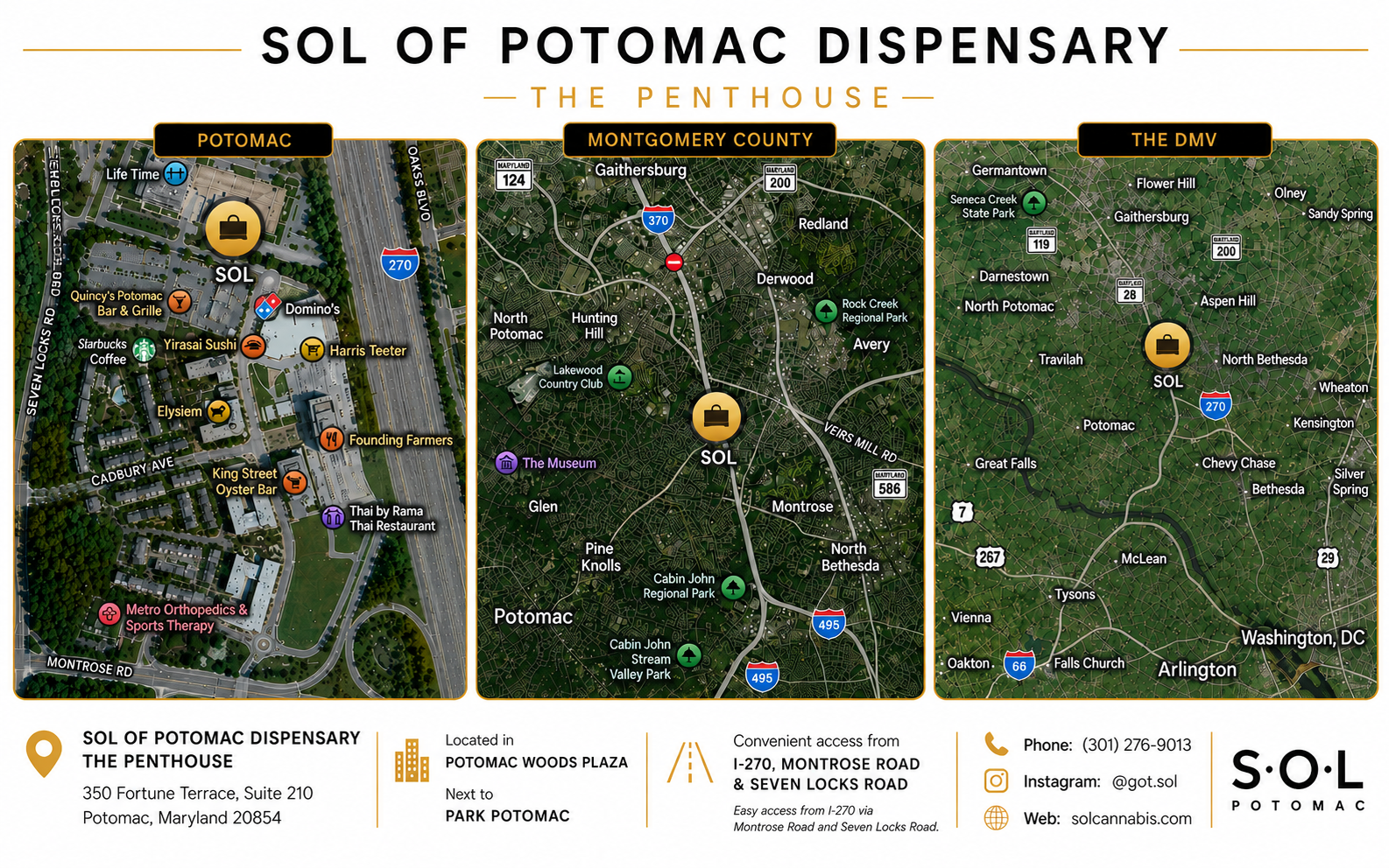 SOL of Potomac Dispensary — The Penthouse location map showing Potomac, Montgomery County, and the DMV