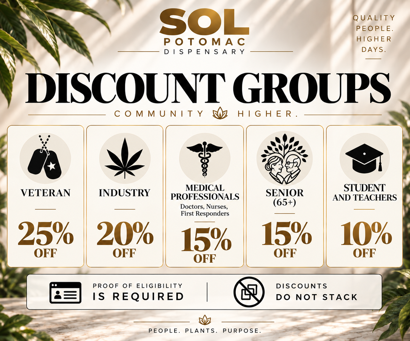 SOL Potomac discount groups for veterans, industry members, medical professionals, seniors, students, and teachers