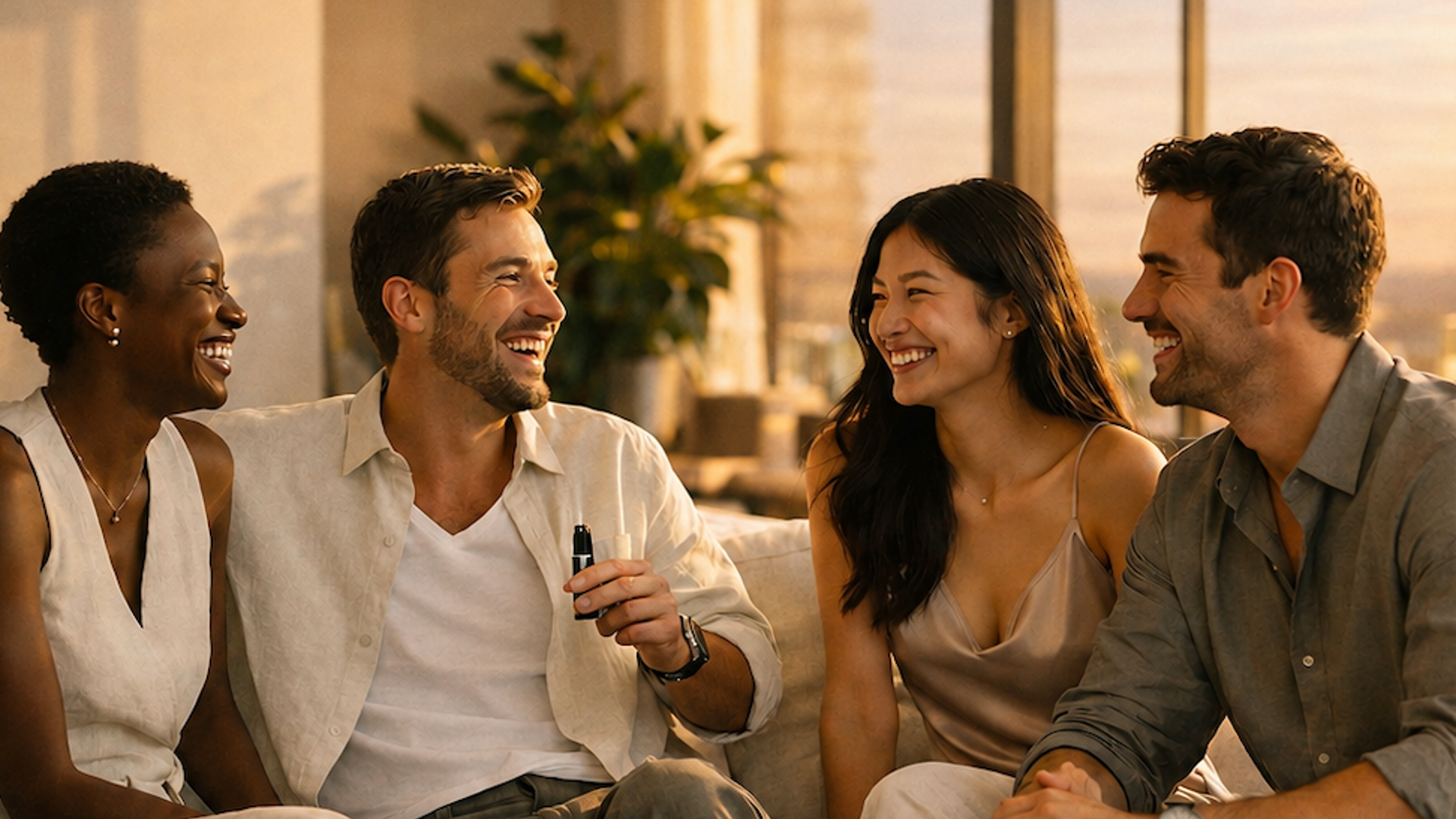 Friends laughing together enjoying SOL Cannabis — Modern Cannabis Wellness
