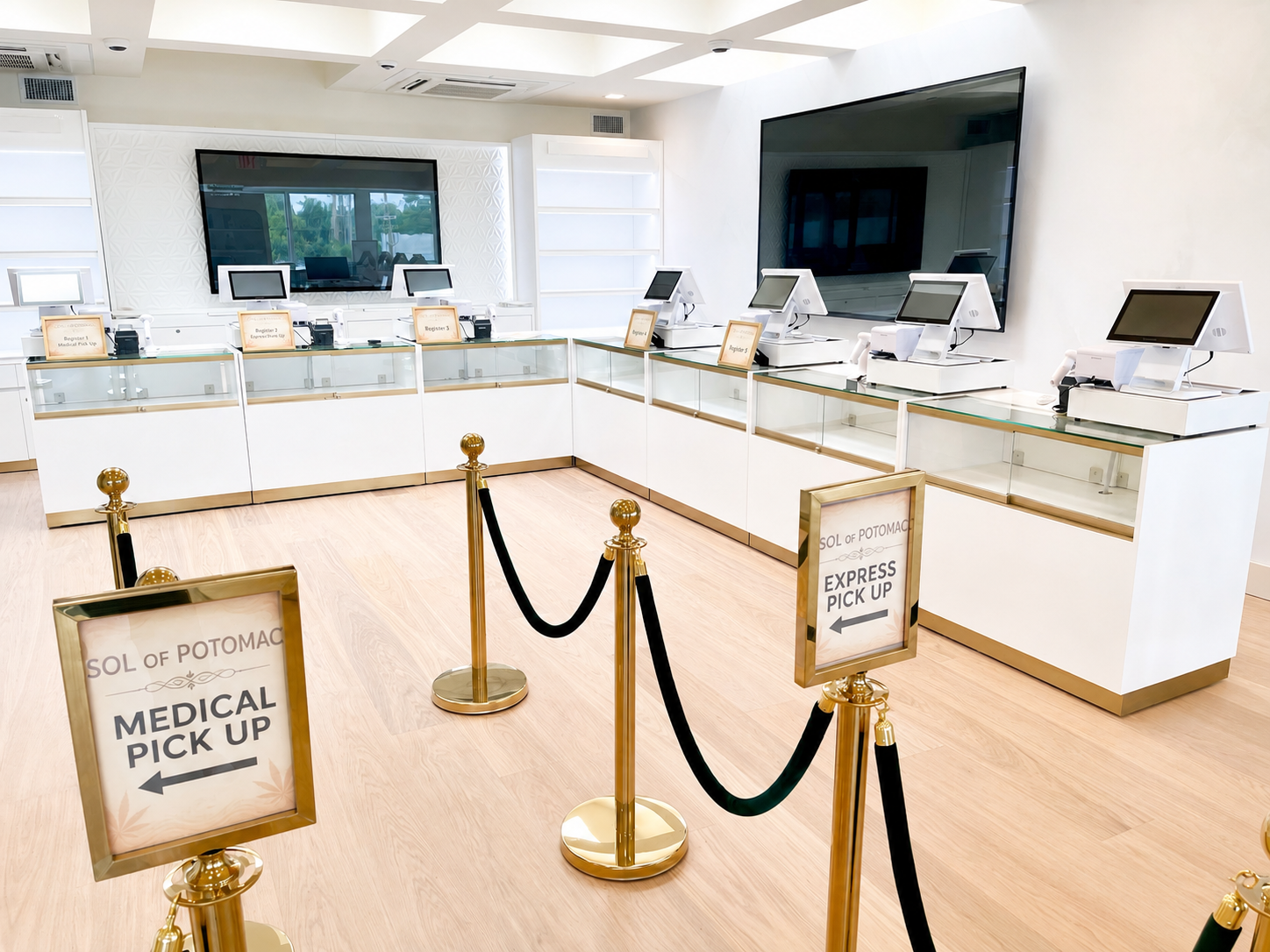 SOL OF POTOMAC DISPENSARY PENTHOUSE 2 SOL of Potomac Dispensary Penthouse medical and express pick-up counters with gold rope stanchions