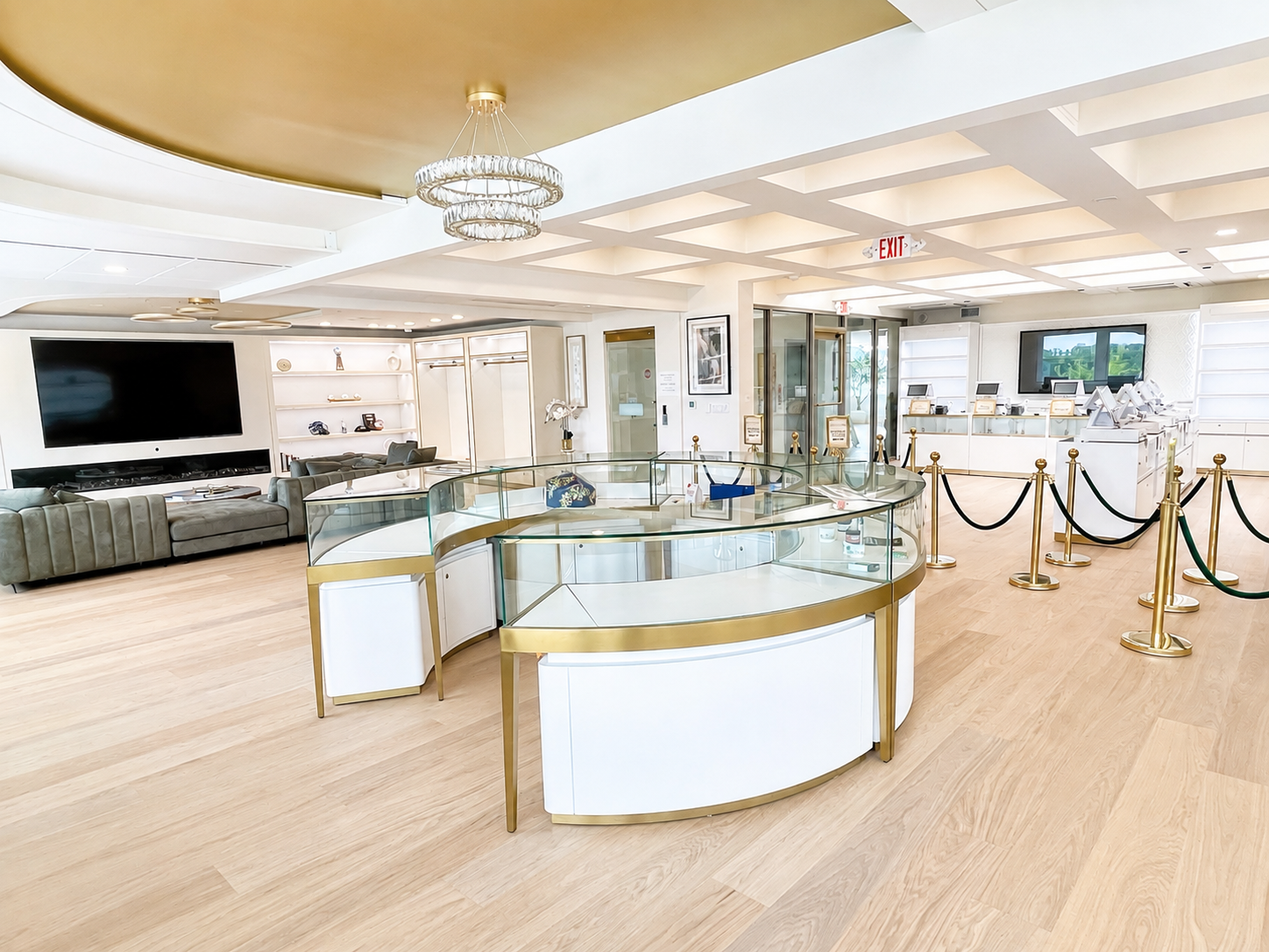 SOL OF POTOMAC DISPENSARY PENTHOUSE 3 SOL of Potomac Dispensary Penthouse main sales floor with chandelier and gold display cases